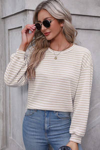 Khaki Stripe Round Neck Long Sleeve Textured Knit Top