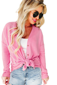 Pink Waffle Knit Button Up V-Neck Cardigan
