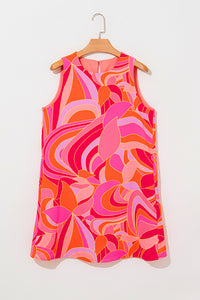 Pink and Orange Abstract Floral Print Sleeveless Shift Mini Dress