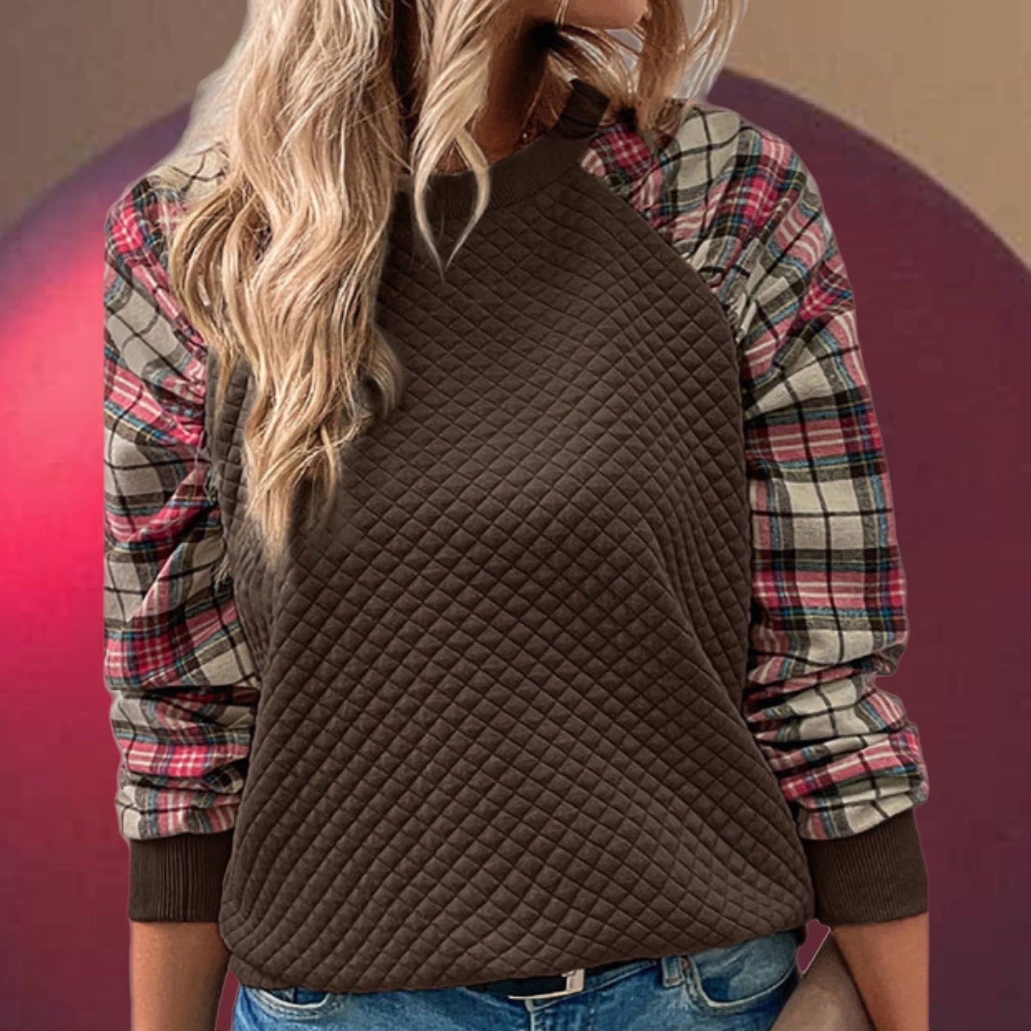 Dark Brown Quilted Crewneck Sweatshirt with Plaid Raglan Sleeves