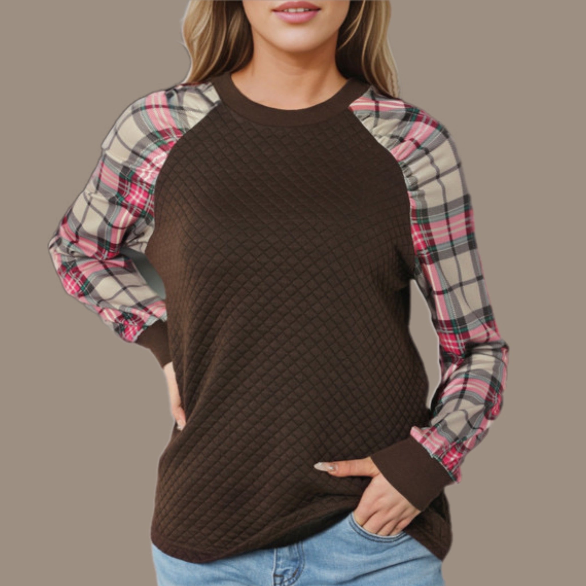 Dark Brown Quilted Crewneck Sweatshirt with Plaid Raglan Sleeves