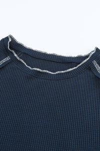 Navy Blue Long Sleeve Exposed Seam Lightweight Waffle Knit Top