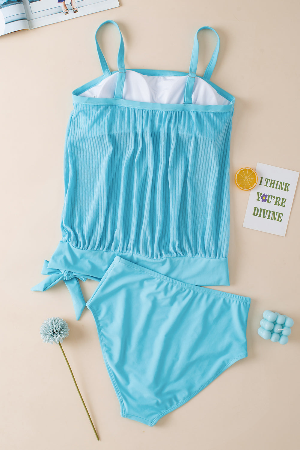 Sheer Striped Mesh Knotted Hem Built in Bra Tankini Swimsuit