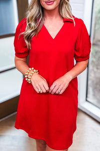 Fiery Red Textured Collared V-Neck Puff Short Sleeve Shift Mini Dress