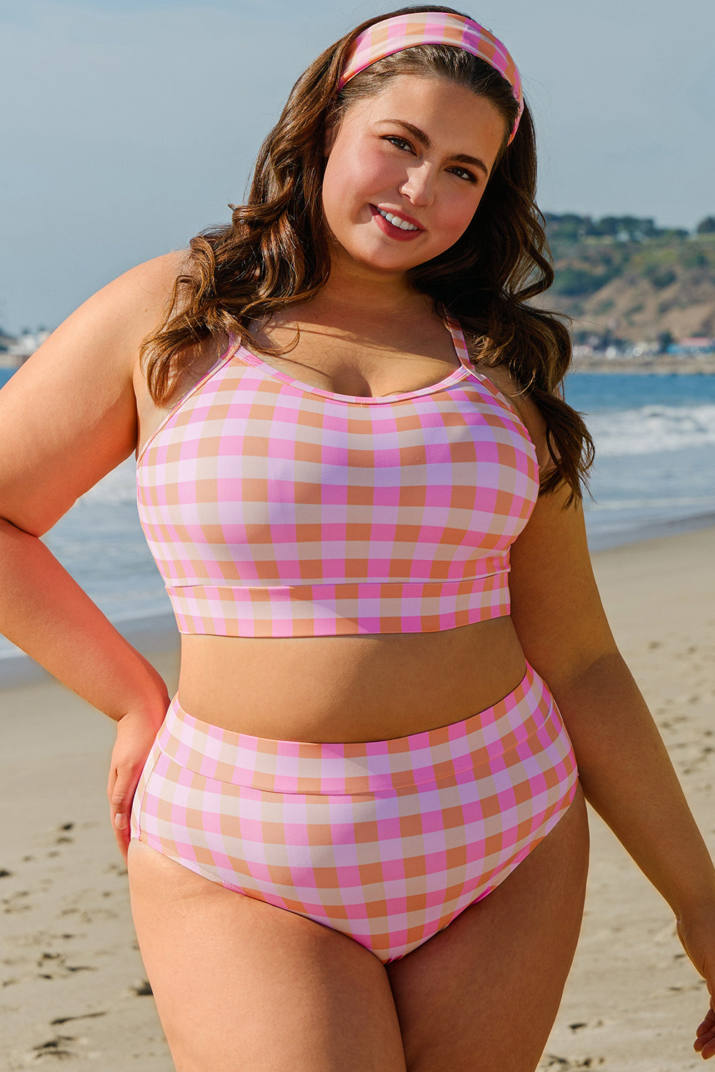 Pink Coral Plaid Plus Size High Waist Bottom Bikini Top with Sarong 3-Piece Set
