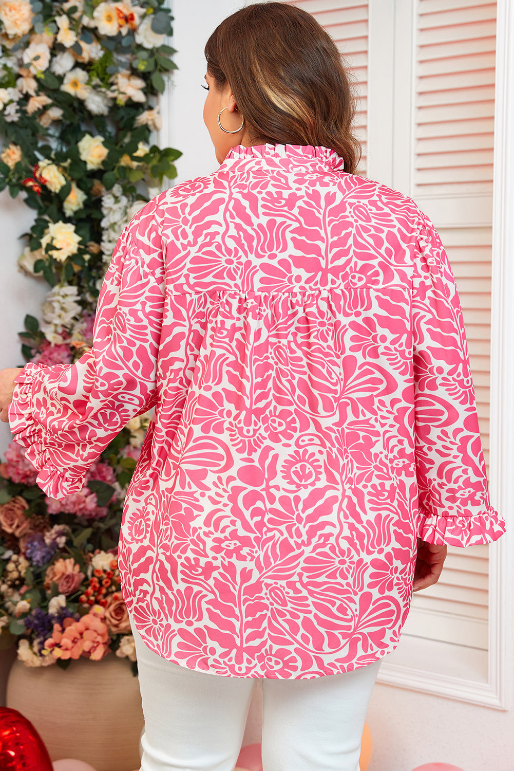 Plus Size Pink Floral Ruffly Split Mock Neck 3/4 Sleeve Blouse