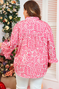 Plus Size Pink Floral Ruffly Split Mock Neck 3/4 Sleeve Blouse