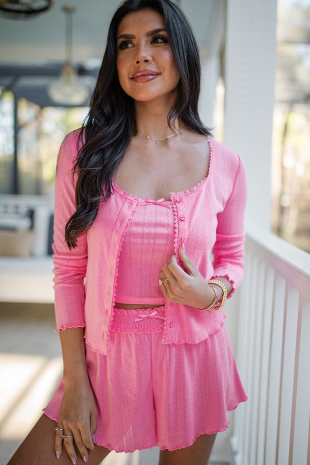 Pink Textured Cropped Cami Shorts and Cardigan 3-Piece Lounge Set