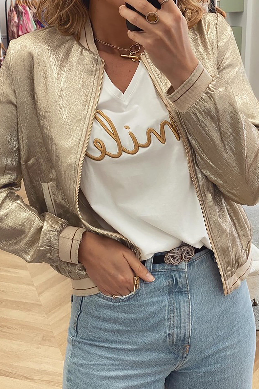Khaki Metallic Zip Up Baseball Jacket