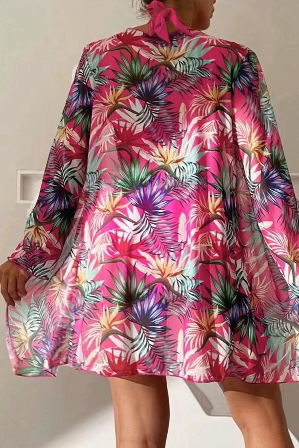 3-Piece Tropical Print Contrast Halter Bikini Set with Cover Up