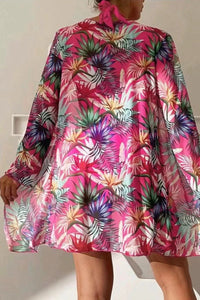 3-Piece Tropical Print Contrast Halter Bikini Set with Cover Up