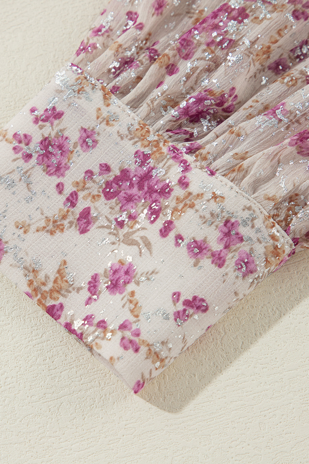 Pink Floral Silver Accent Print Bishop Sleeve Collared V-Neck Blouse