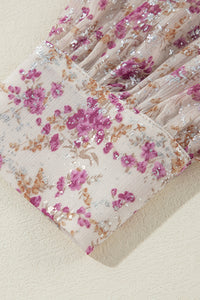 Pink Floral Silver Accent Print Bishop Sleeve Collared V-Neck Blouse