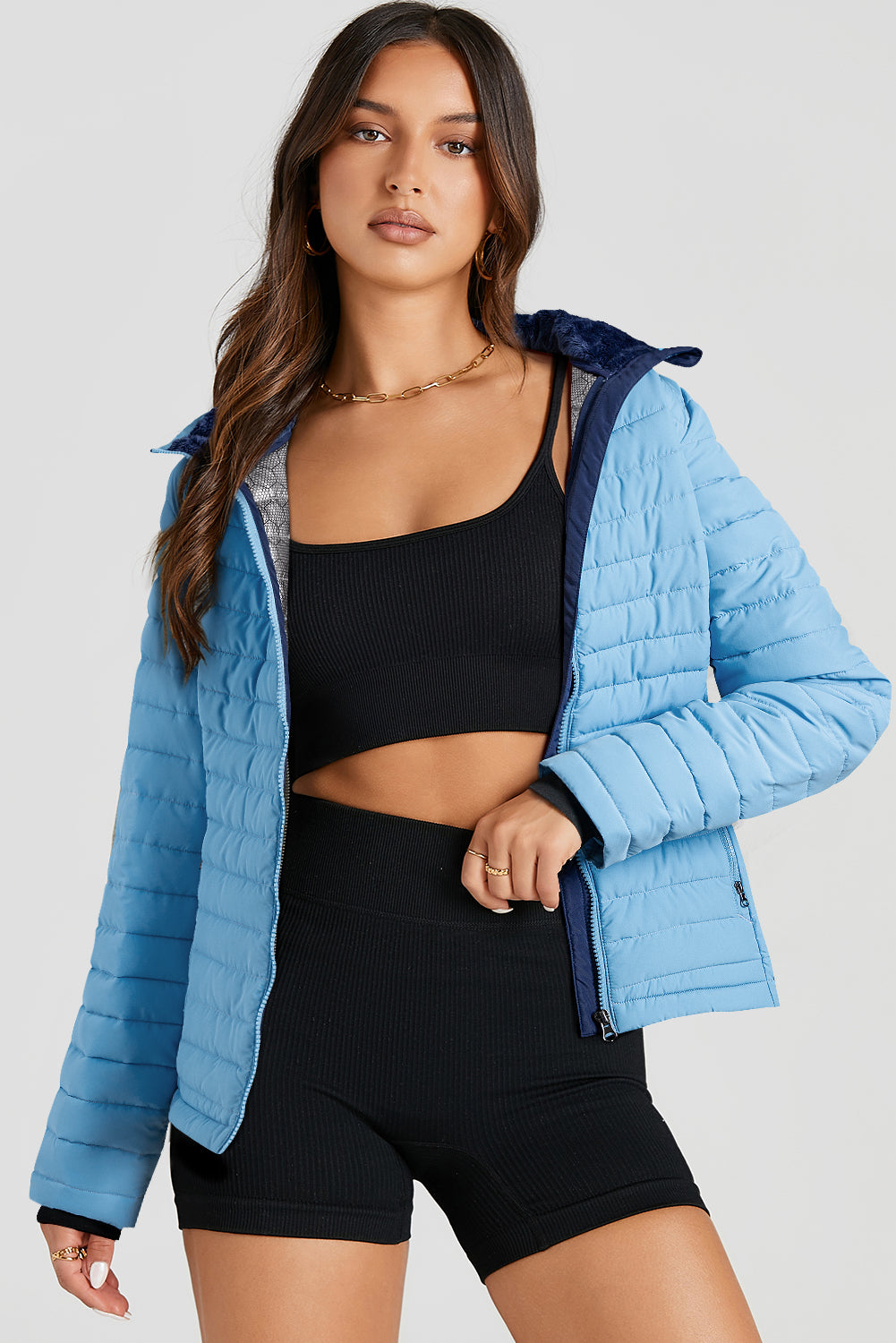 Silvery Solid Color Quilted Zip-up Puffer Jacket