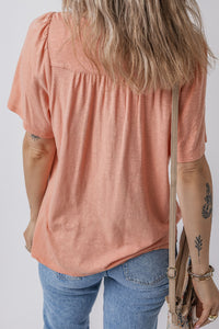 Peach Smocked V-Neck Pleated Babydoll Short Sleeve Top