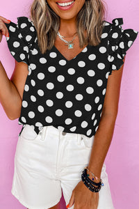 Polka Dot Print V-Neck Ruffled Flutter Sleeve Blouse