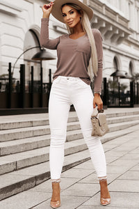 Taupe V-Neck Chest Pocket Ribbed Knit Top
