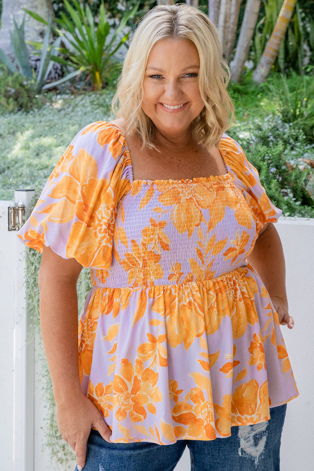 Purple and Orange Floral Puff Sleeve Square Neck Smocked Plus Size Babydoll Blouse