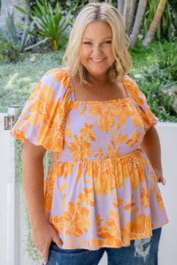 Purple and Orange Floral Puff Sleeve Square Neck Smocked Plus Size Babydoll Blouse