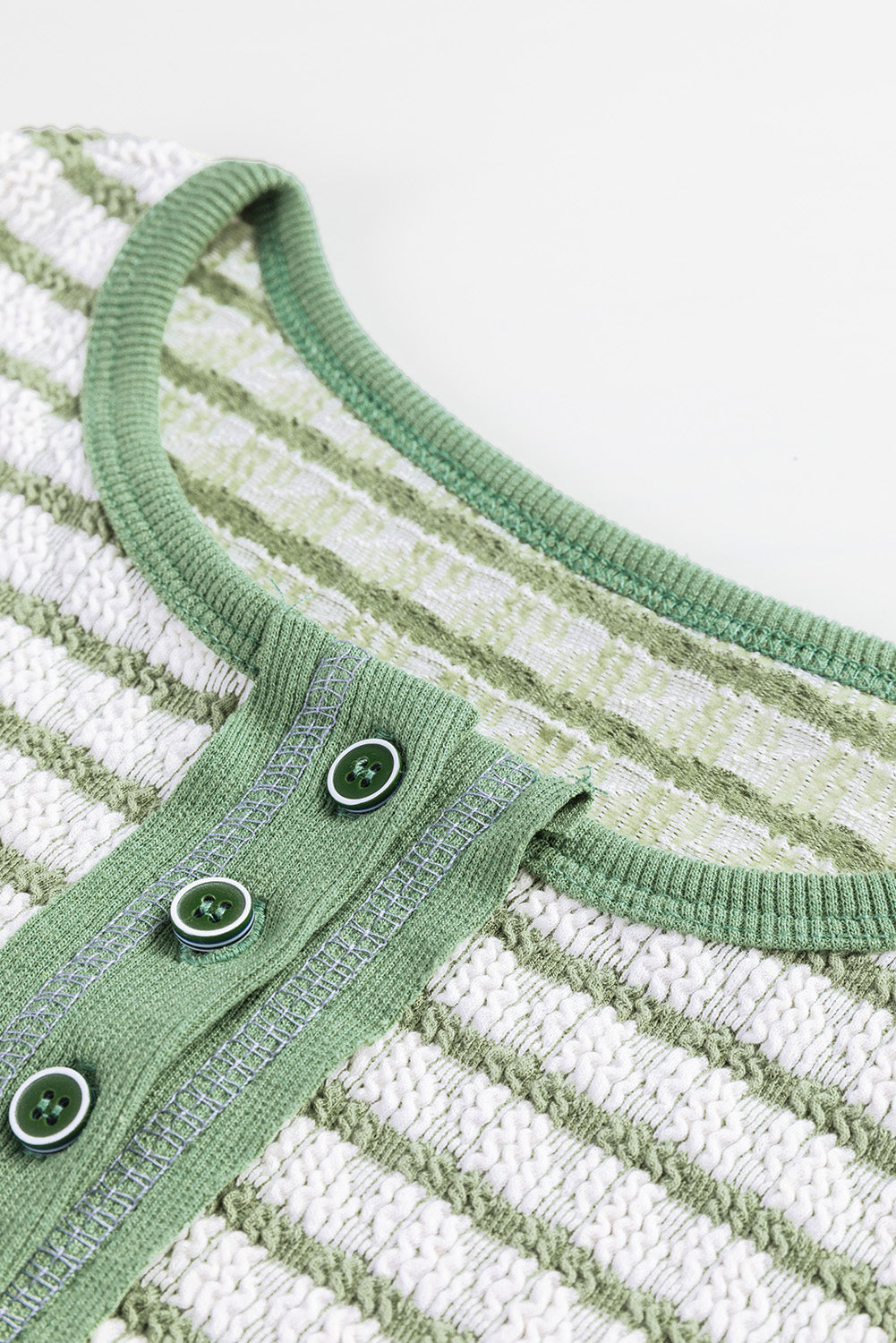 Green Stripe Textured Henley Long Sleeve Top