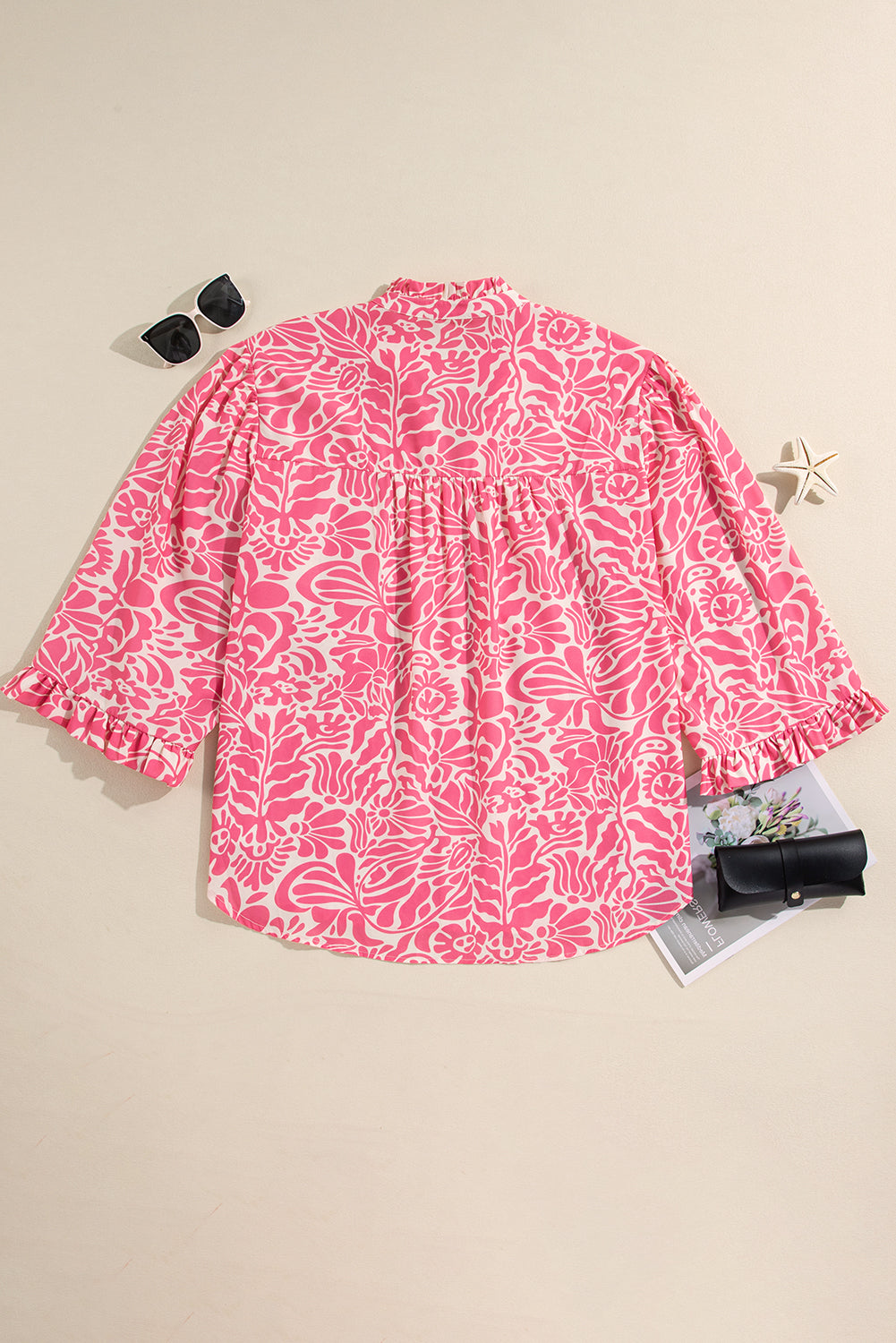 Plus Size Pink Floral Ruffly Split Mock Neck 3/4 Sleeve Blouse