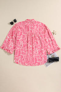 Plus Size Pink Floral Ruffly Split Mock Neck 3/4 Sleeve Blouse