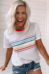 White Rainbow Stripe Graphic Red Trim Crew Neck T-Shirt