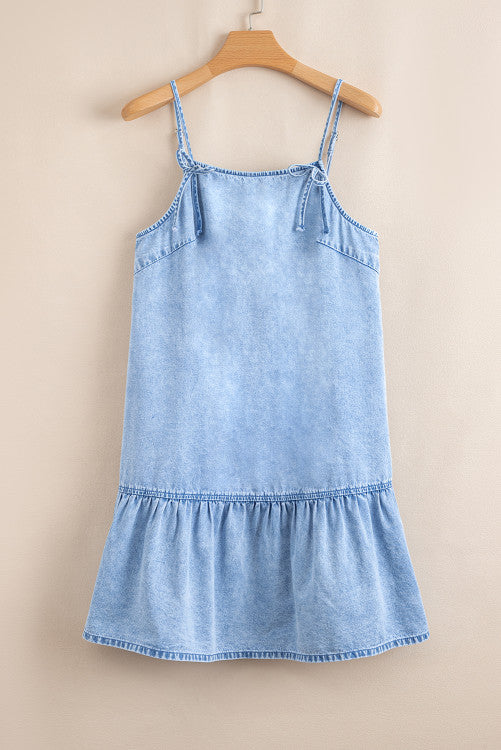 Light Wash Spaghetti Straps Ruffled Denim Sun Dress