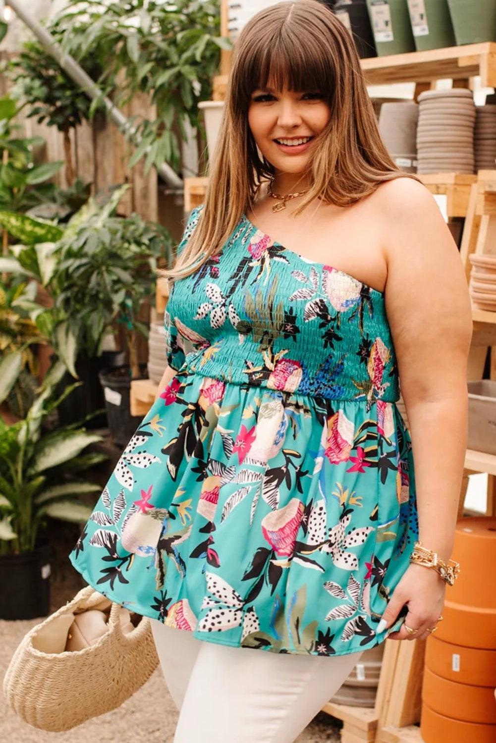 Tropical Teal Plus Size Smocked One Shoulder  Babydoll Blouse