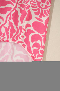 Plus Size Pink Floral Ruffly Split Mock Neck 3/4 Sleeve Blouse