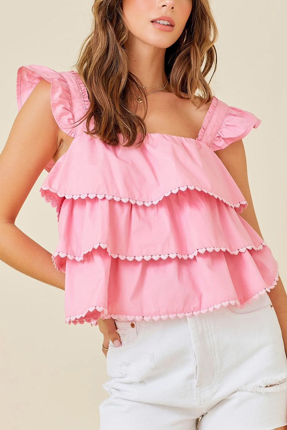 Pink Tiered Heart Trim Square Neck Flutter Sleeve Tank
