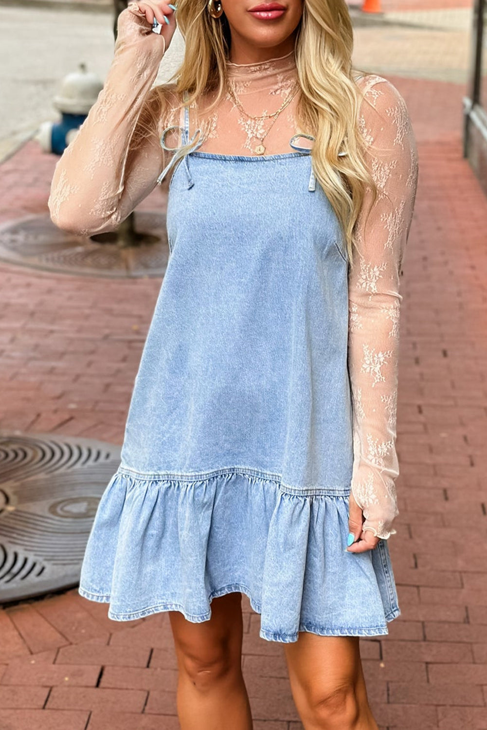 Light Wash Spaghetti Straps Ruffled Denim Sun Dress