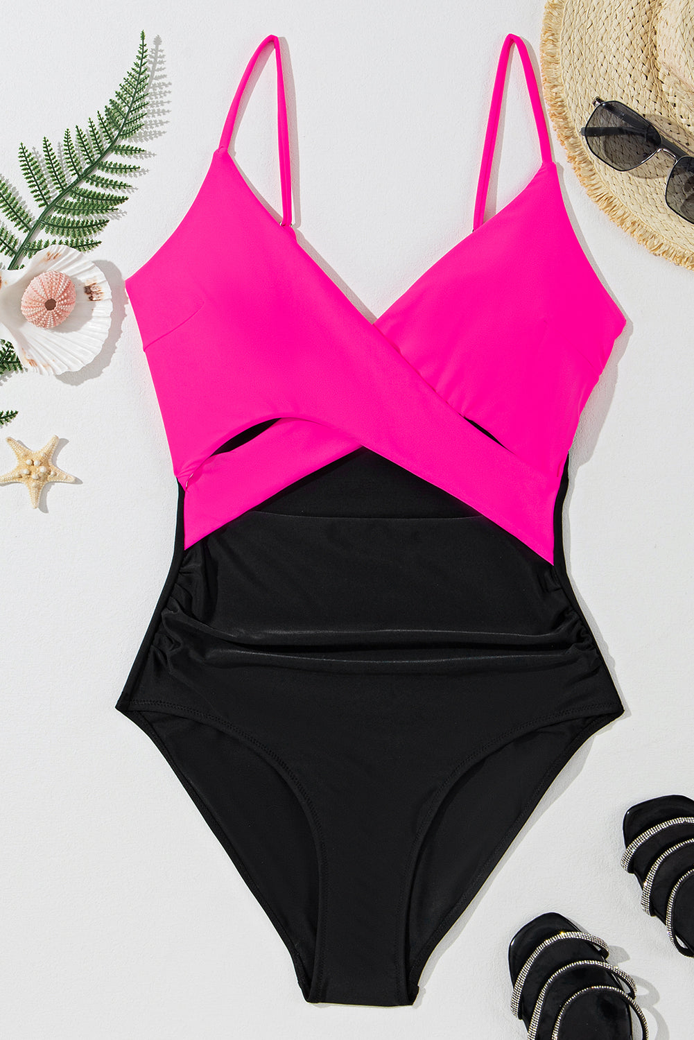 Pink and Black Crossover Cutout One Piece Padded Swimsuit