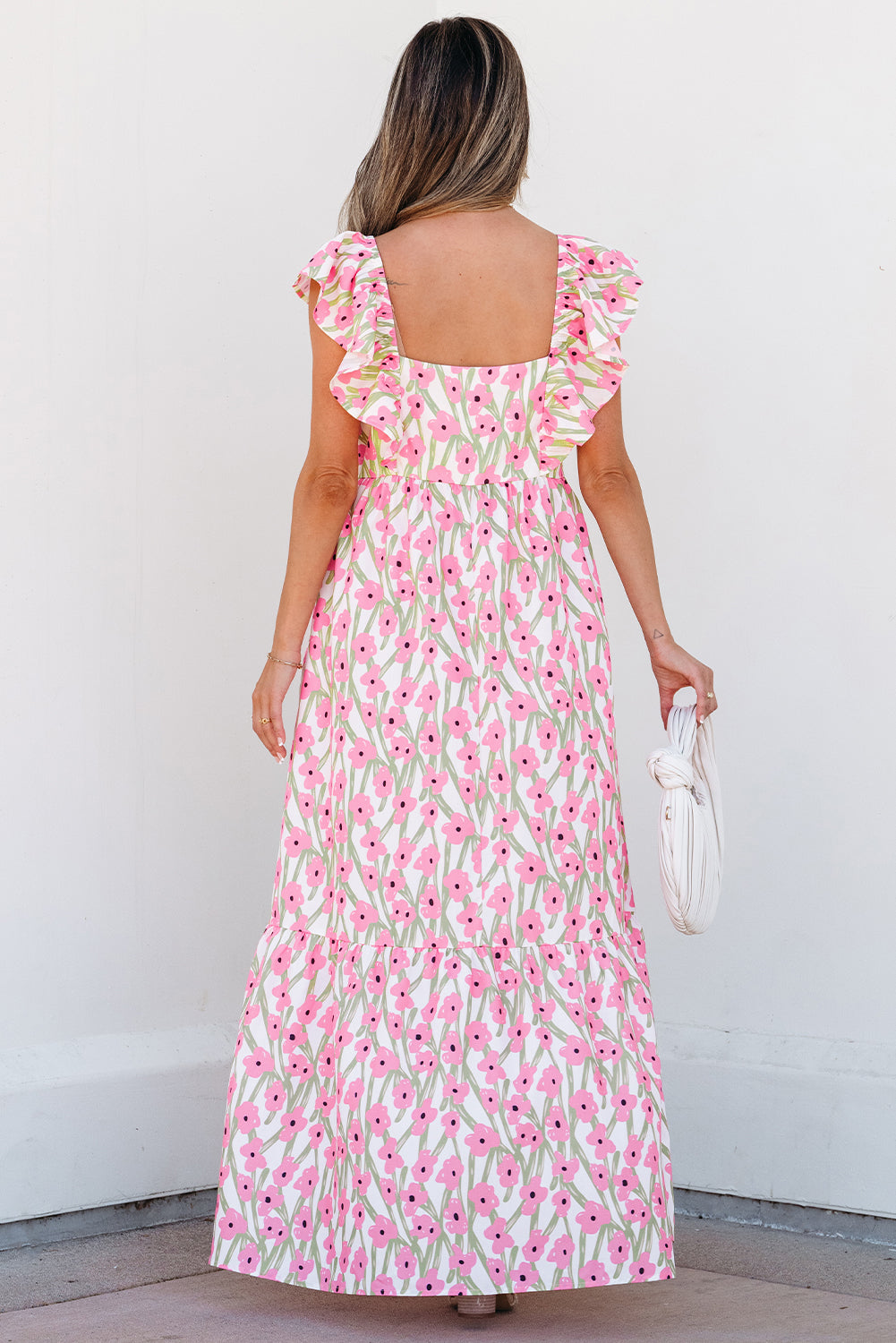 Pink Floral Print Square Neck Ruffled Maxi Sun Dress