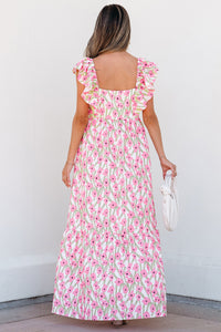 Pink Floral Print Square Neck Ruffled Maxi Sun Dress