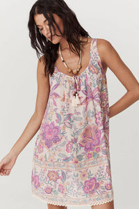 Pink Floral Scoop Neck Fringed Tie Sleeveless Mini Dress