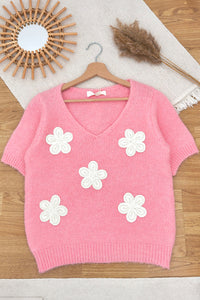 Soft Pink Crocheted Flowers V-Neck Short Sleeve Cropped Sweater