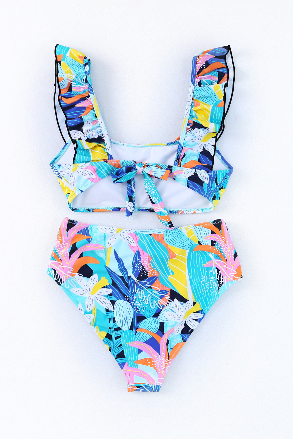 Caribbean Blue Tropical Print Ruffled Square Neck High Waist Swimsuit