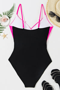 Pink and Black Crossover Cutout One Piece Padded Swimsuit