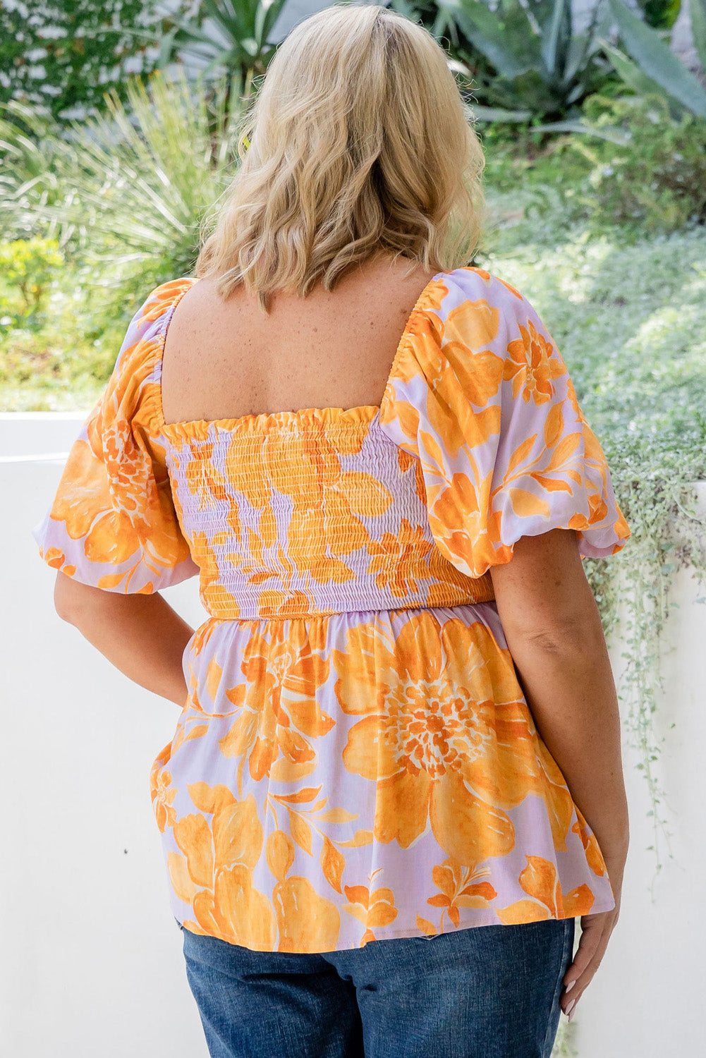 Purple and Orange Floral Puff Sleeve Square Neck Smocked Plus Size Babydoll Blouse