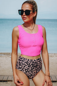 Solid Color Snap Neckline Top Printed Bottom Tankini