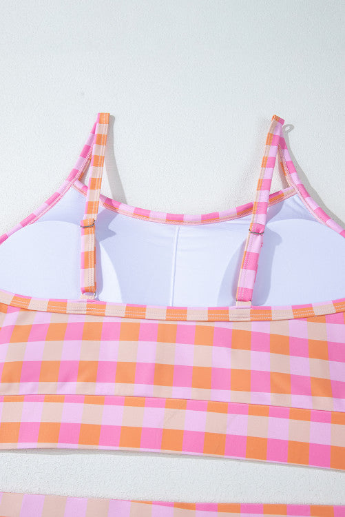 Pink Coral Plaid High Waist Bottom Bikini Top & Sarong 3-Piece Set