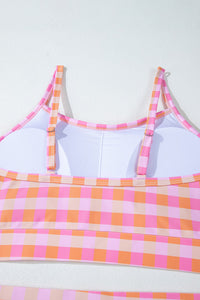 Pink Coral Plaid High Waist Bottom Bikini Top & Sarong 3-Piece Set