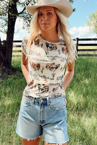 Beige Old Western Horse Print Sheer Mesh Tee