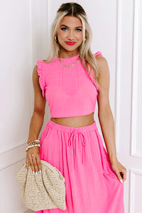 Pink Textured Ruffle Crop Top and Long Skirt Two Piece Set