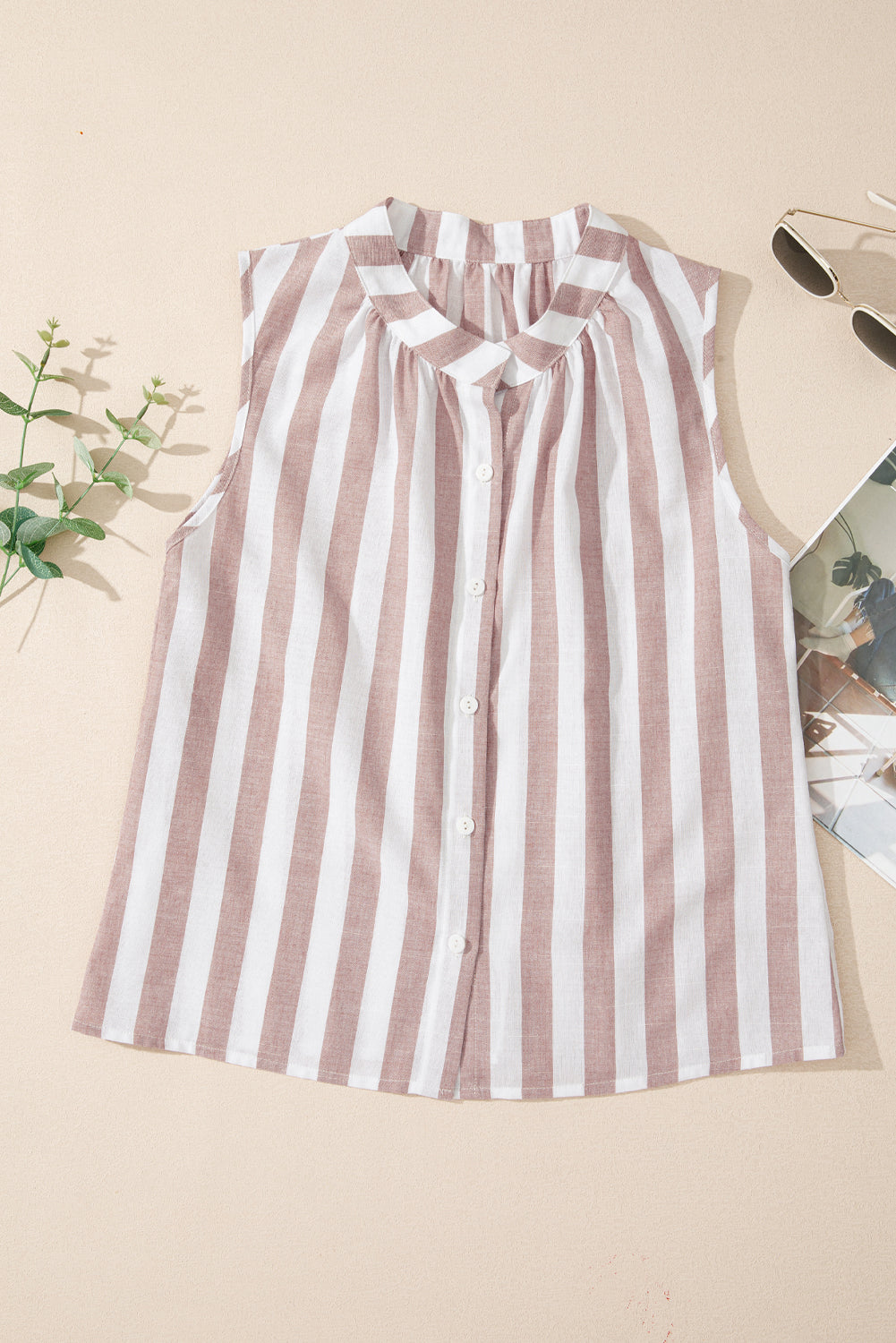 Light Mauve Stripe Casual Button Down Sleeveless Blouse