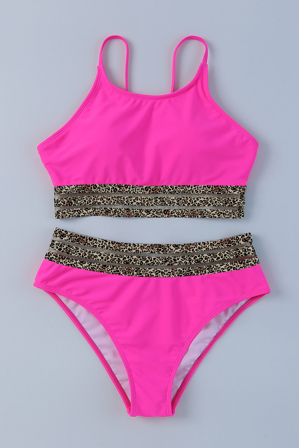 Black with Leopard Mesh Trim 2-Piece Bikini Swimsuit
