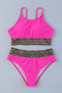 Black with Leopard Mesh Trim 2-Piece Bikini Swimsuit