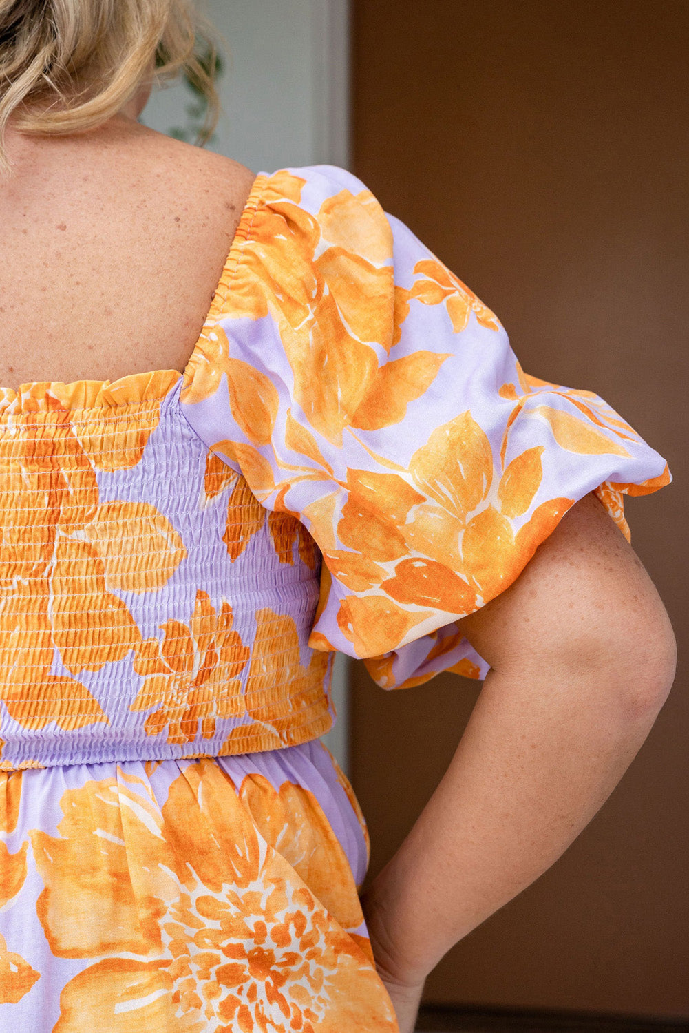 Purple and Orange Floral Puff Sleeve Square Neck Smocked Plus Size Babydoll Blouse