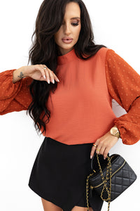 Russet Orange Swiss Dot Balloon Sleeve Mock Neck Blouse